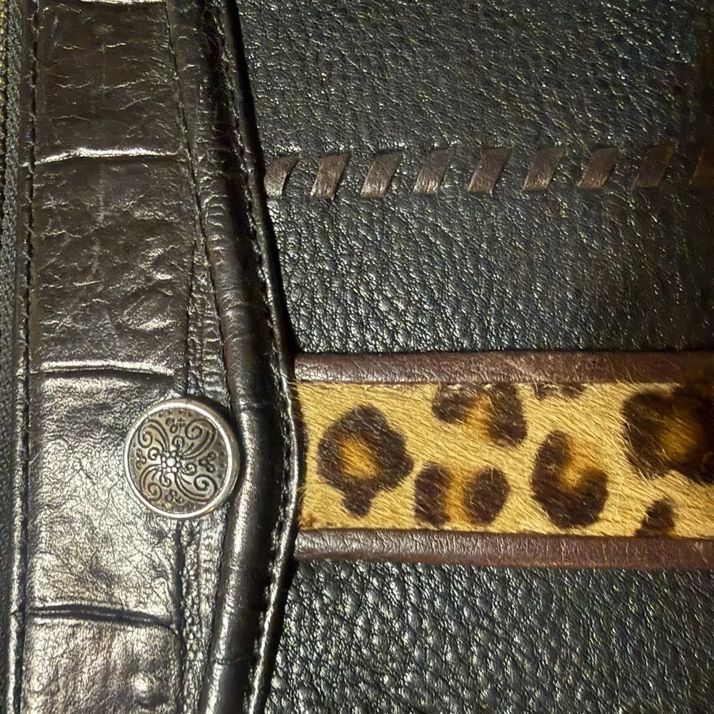 Brighton Black Leather & Leopard Haircalf Zip Card Holder